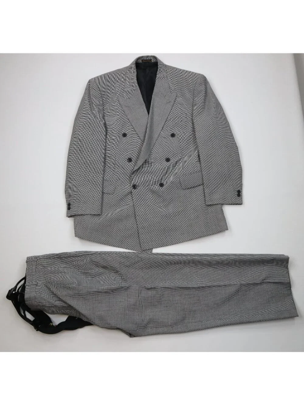 Vtg 90s Mens 46R 2 Piece Wool Blend Houndstooth Double Breasted Suit 40x30 Gray